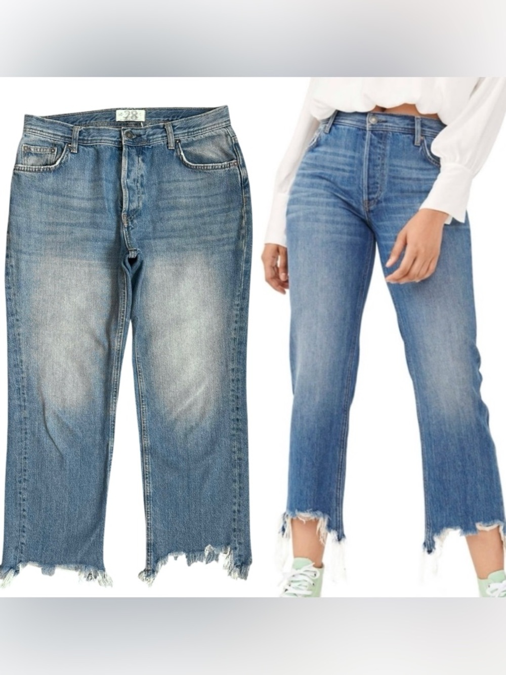 Free People “Maggie” Mid Rise Button Fly Medium Wash Raw Hem Cotton Jeans 28
